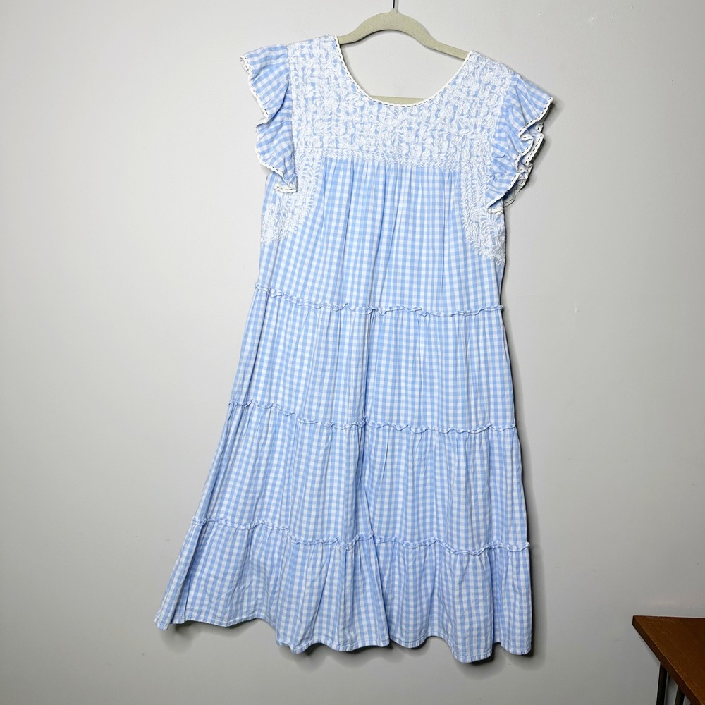 J Marie Gingham Tiered Midi Dress Womens Small Blue Embroidered Flutter Sleeve